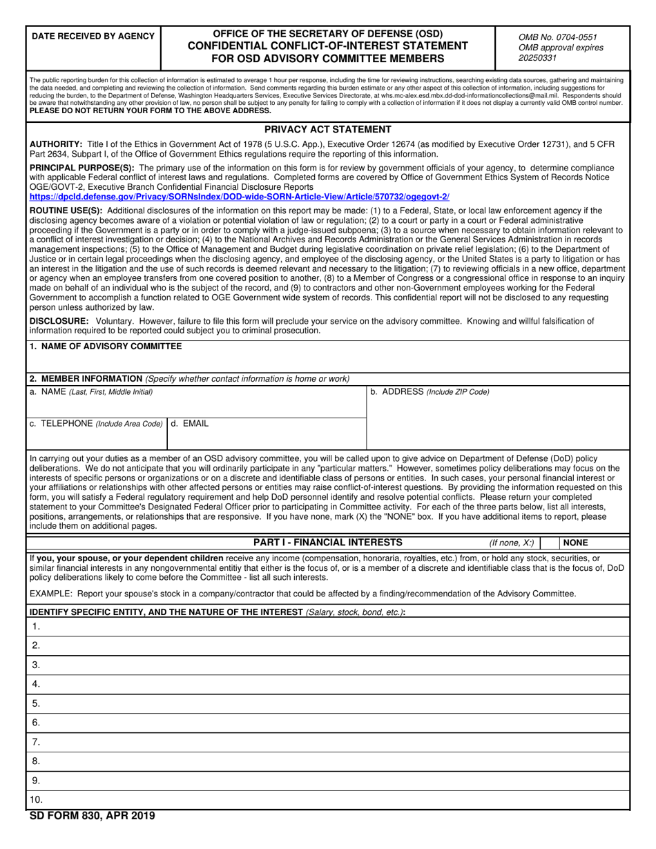 SD Form 830 Confidential Conflict-Of-Interest Statement for Osd Advisory Committee Members, Page 1