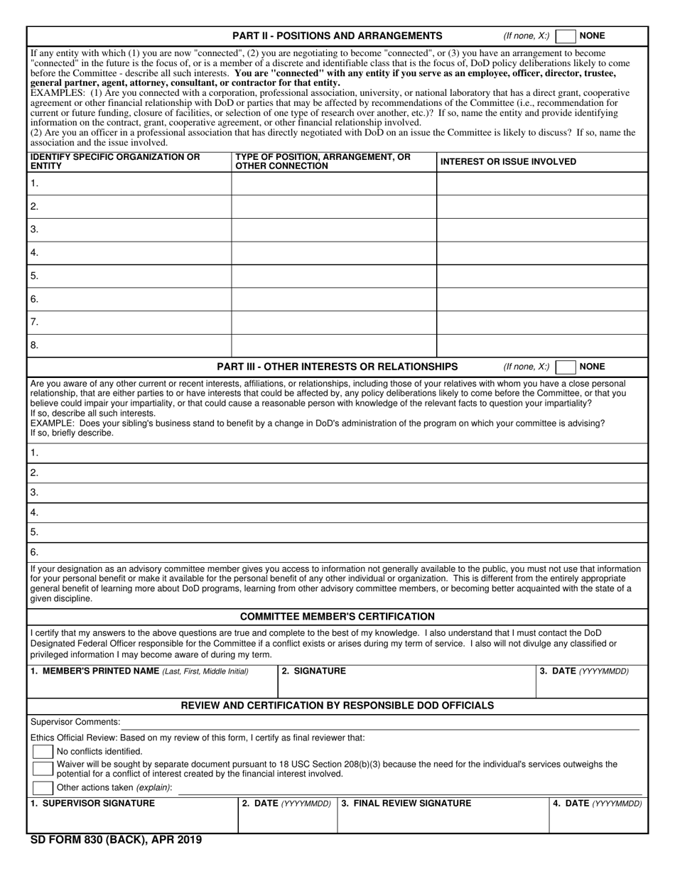 SD Form 830 Confidential Conflict-Of-Interest Statement for Osd Advisory Committee Members, Page 2
