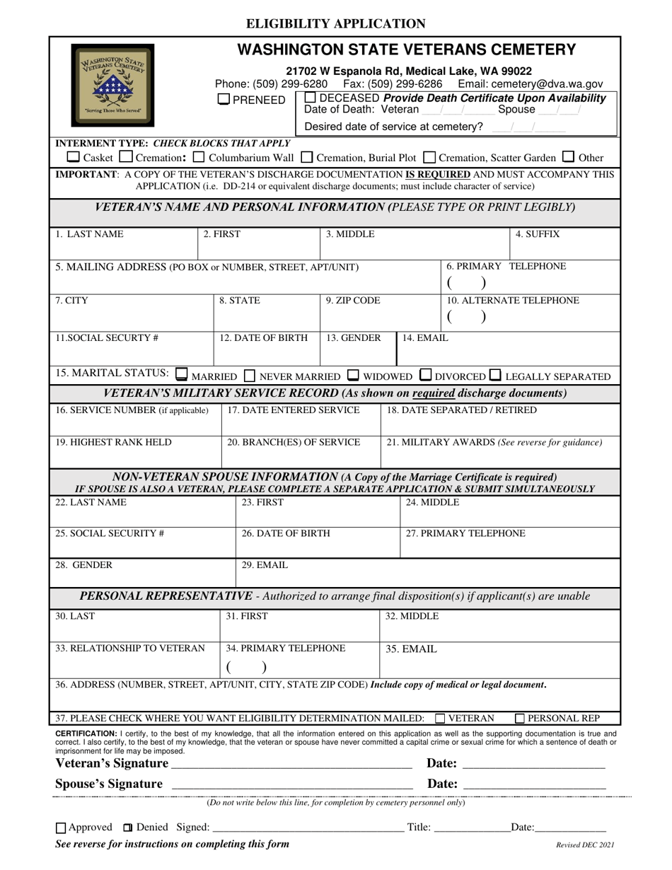 Eligibility Application - Washington State Veterans Cemetery - Washington, Page 1