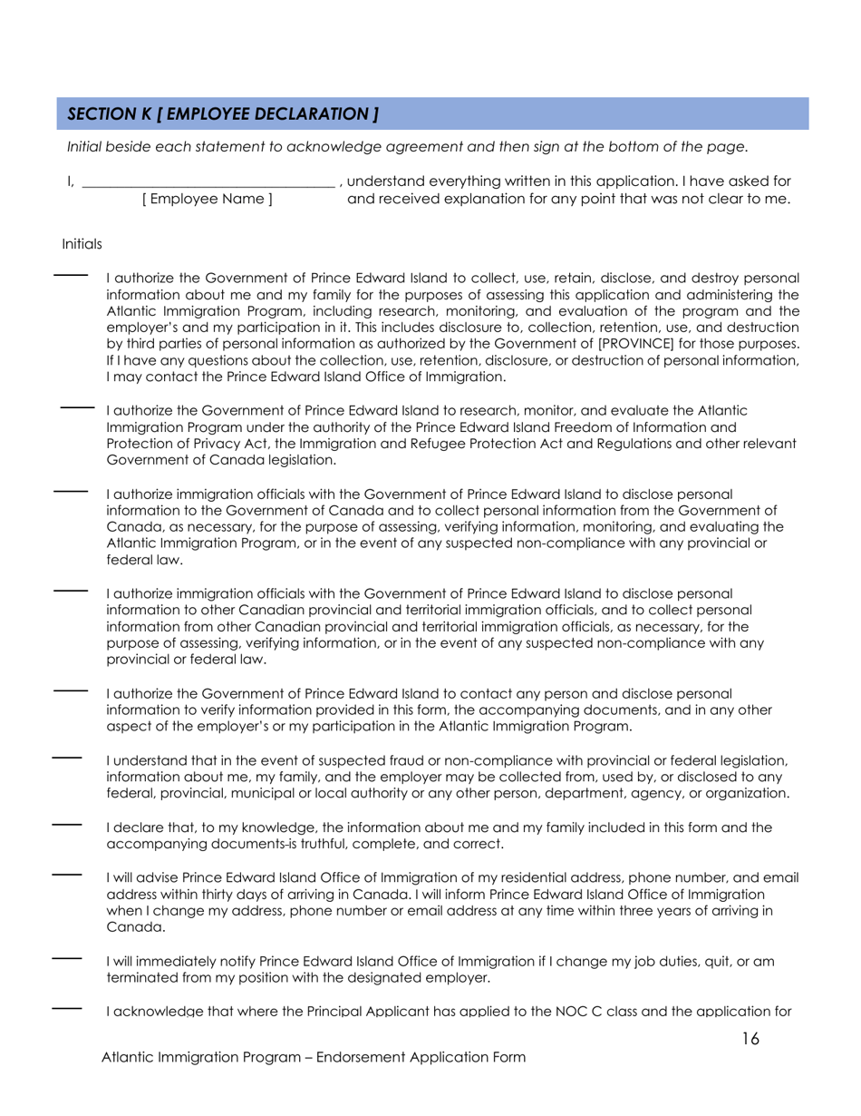 Endorsement Application Form - Atlantic Immigration Program - Prince Edward Island, Canada, Page 16