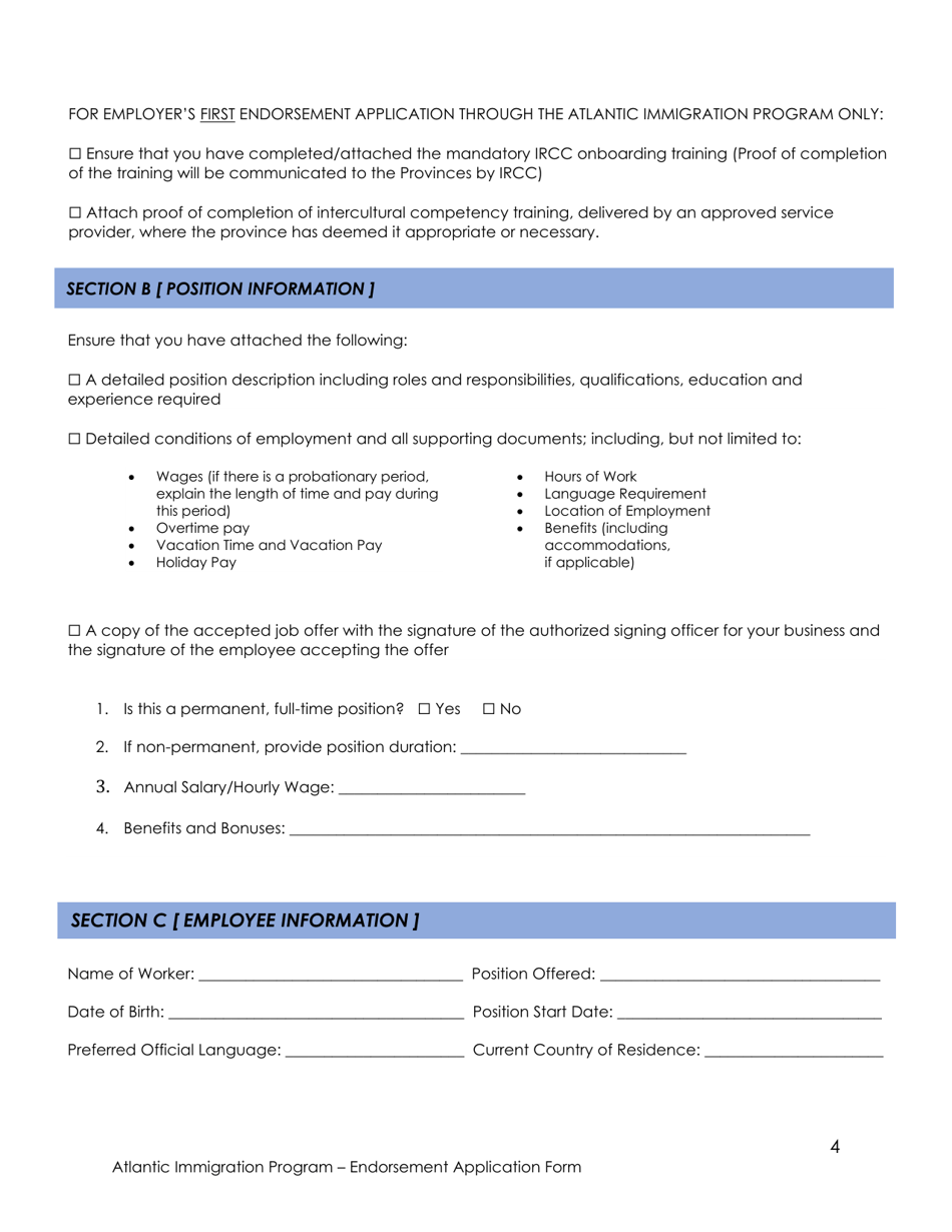 Endorsement Application Form - Atlantic Immigration Program - Prince Edward Island, Canada, Page 4