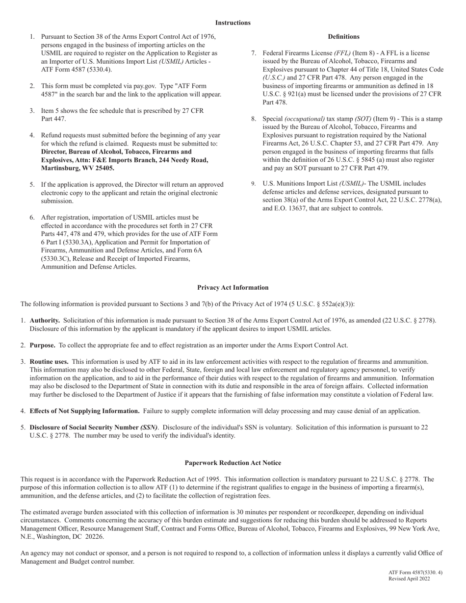 ATF Form 4587 Application to Register as an Importer of U.S. Munitions Import List Articles, Page 2