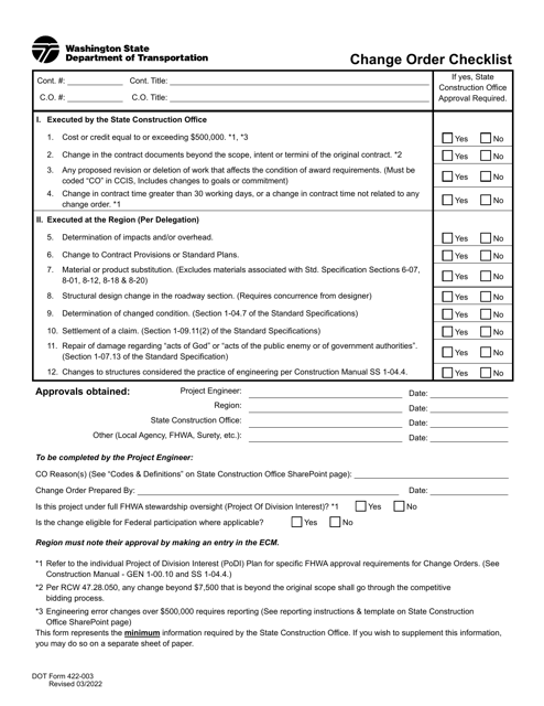 DOT Form 422-003 Change Order Checklist - Washington