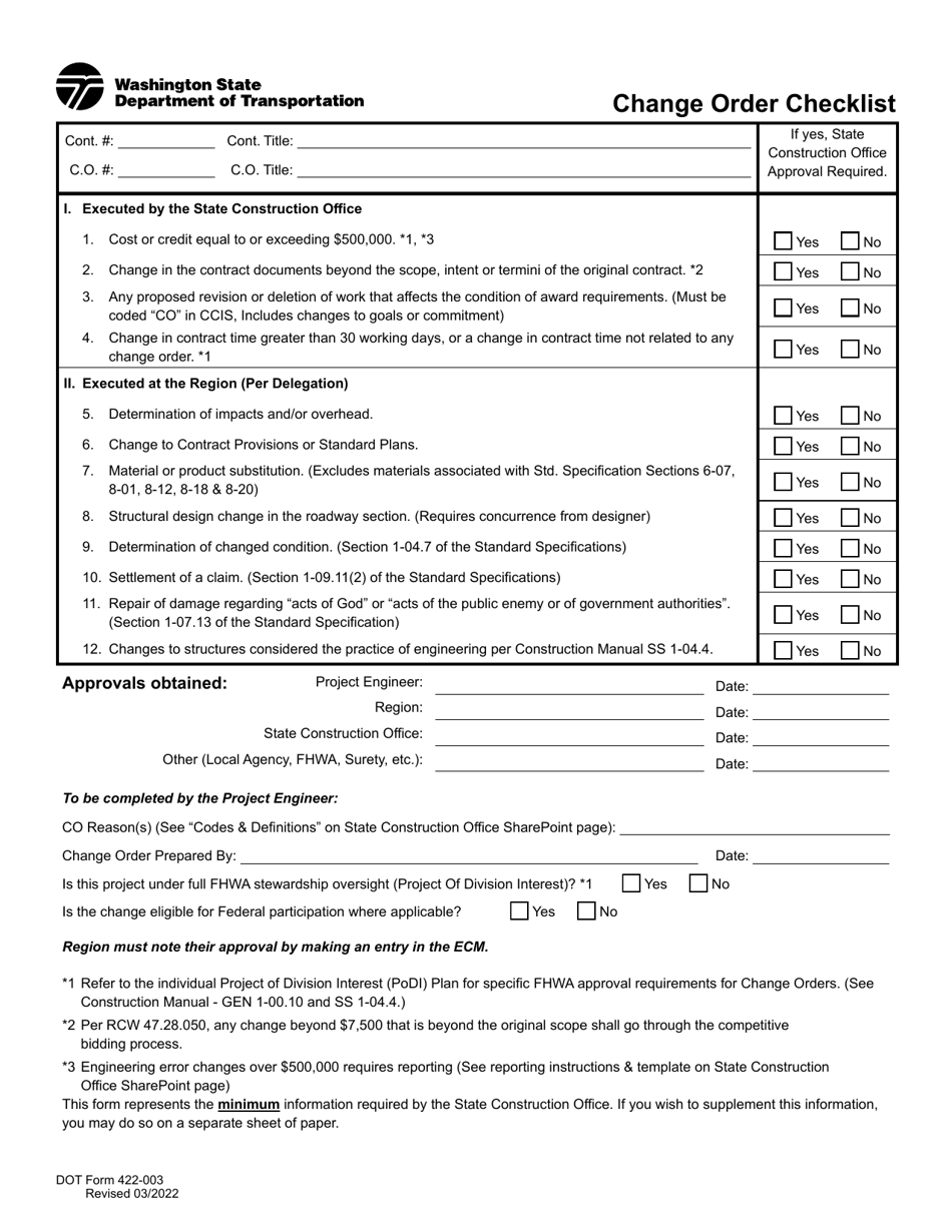 DOT Form 422-003 Change Order Checklist - Washington, Page 1