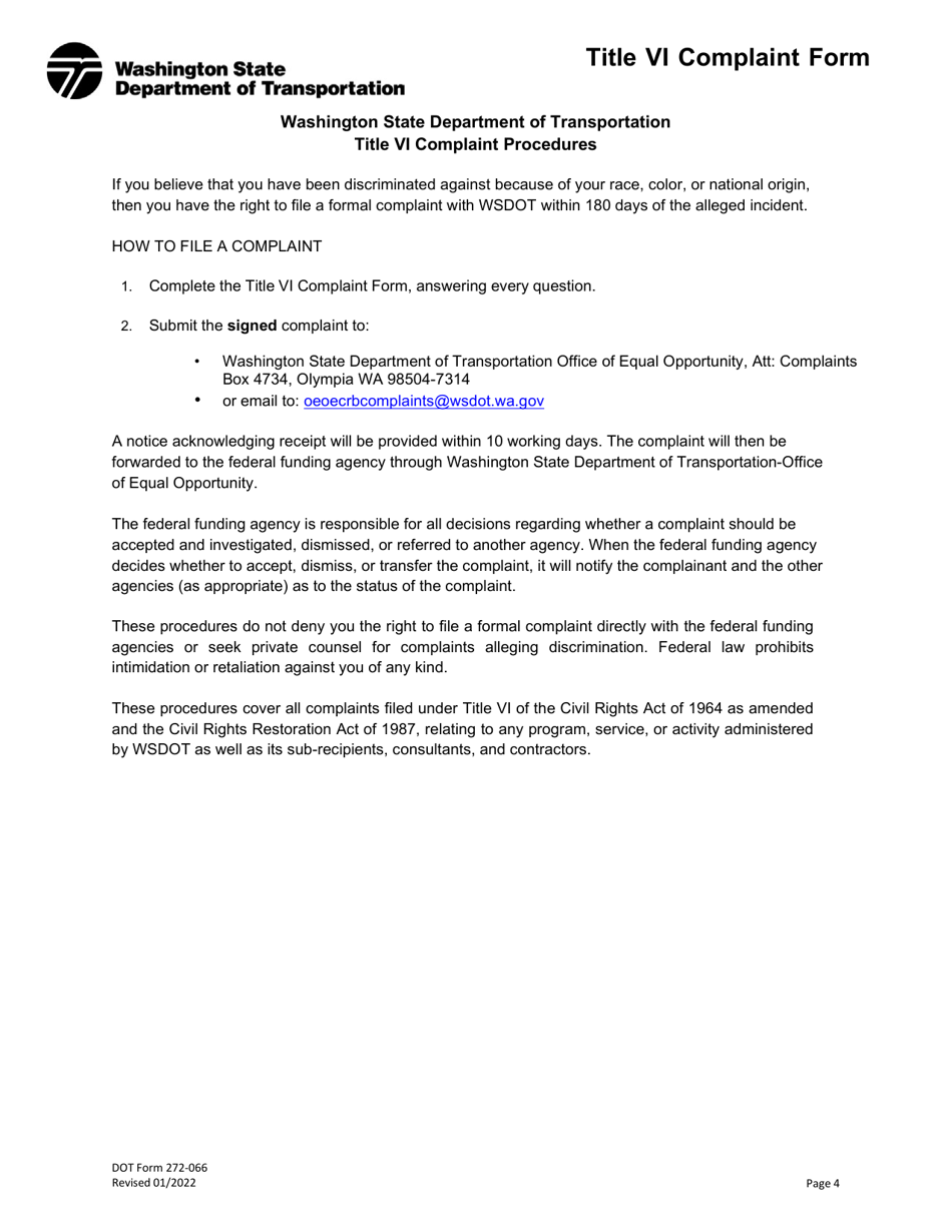 DOT Form 272-066 Title VI Complaint Form - Washington, Page 4