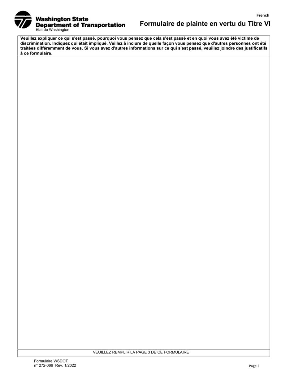 DOT Form 272-066 Title VI Complaint Form - Washington (French), Page 2