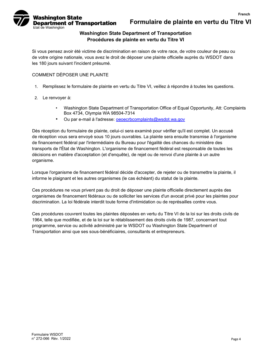 DOT Form 272-066 Title VI Complaint Form - Washington (French), Page 4