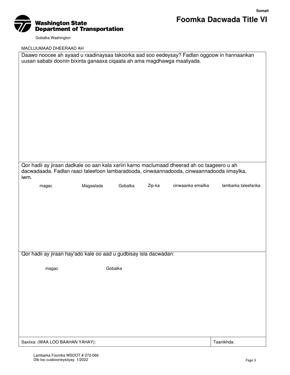 DOT Form 272-066 Title VI Complaint Form - Washington (Somali), Page 3