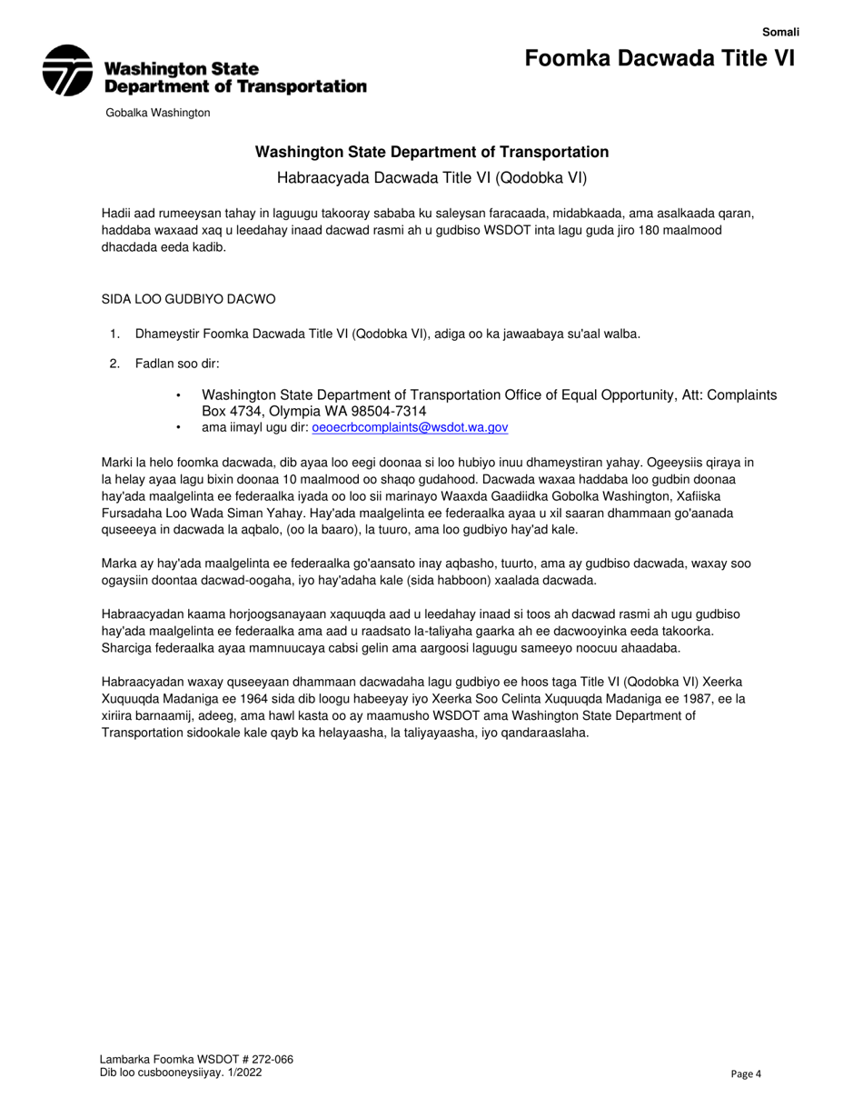 DOT Form 272-066 Title VI Complaint Form - Washington (Somali), Page 4