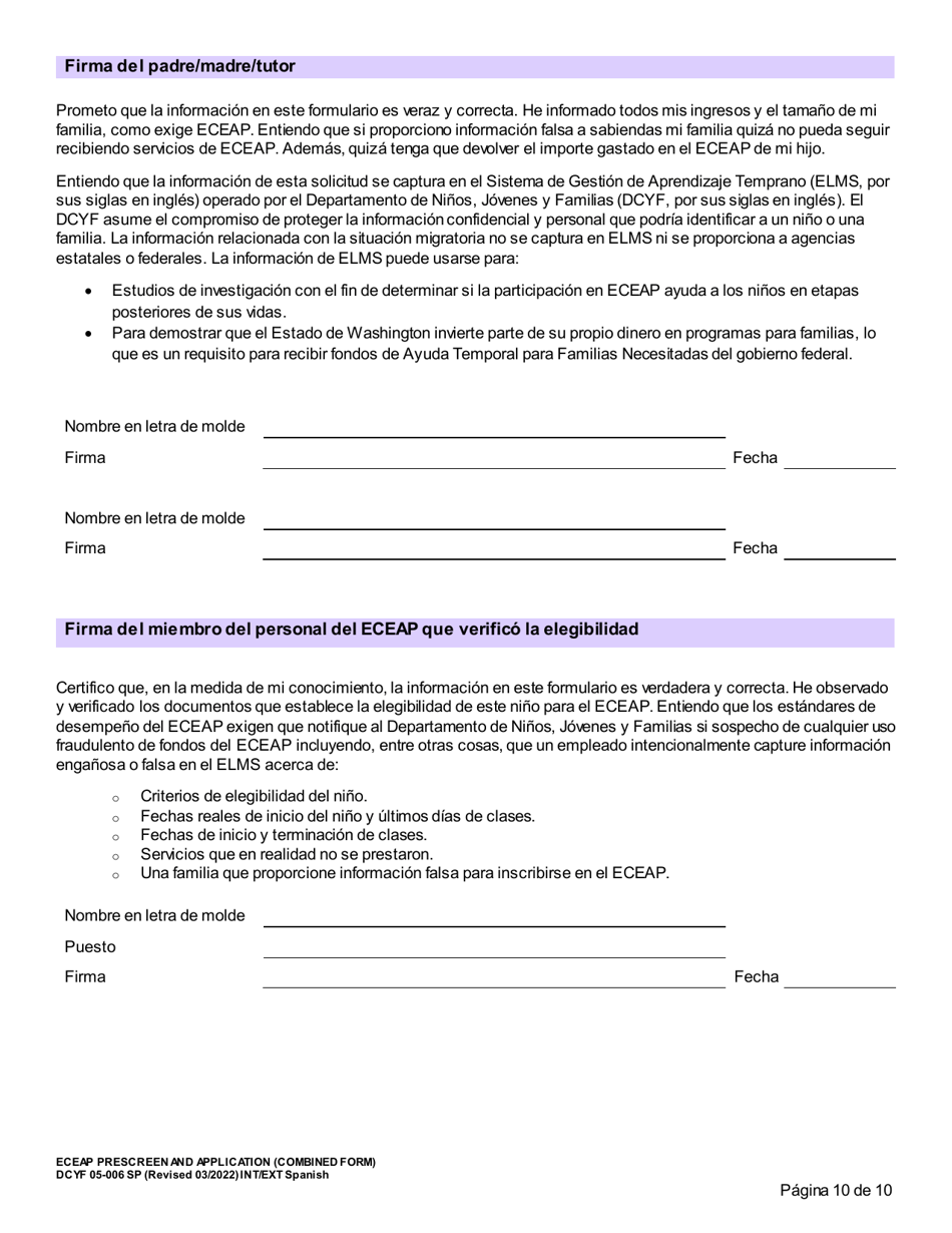 Formulario DCYF05-006 Seleccion Previa Y Solicitud De Eceap (Formulario Combinado) - Washington (Spanish), Page 10