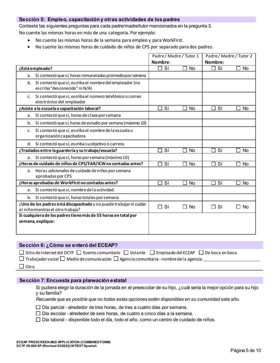 Formulario DCYF05-006 Seleccion Previa Y Solicitud De Eceap (Formulario Combinado) - Washington (Spanish), Page 5