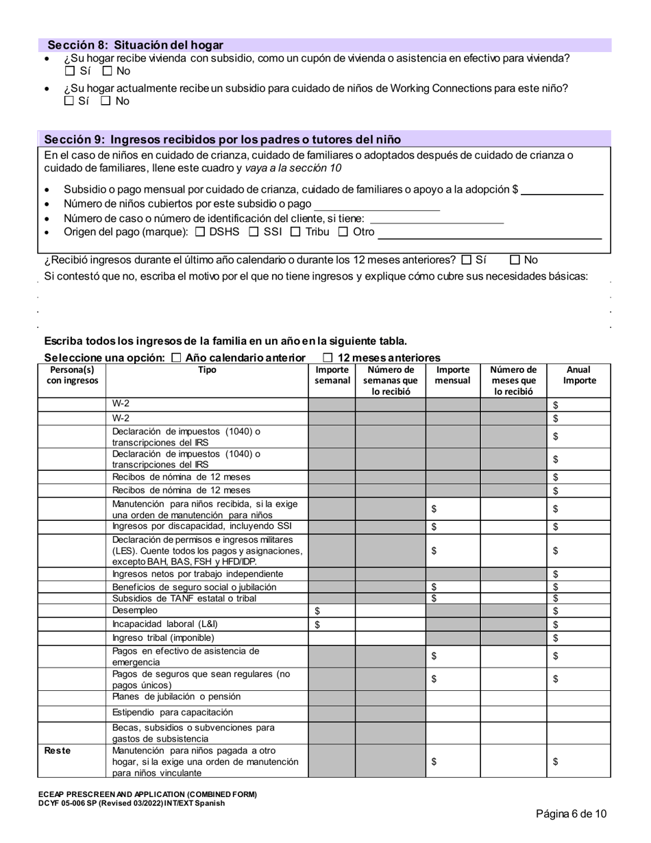 Formulario DCYF05-006 Seleccion Previa Y Solicitud De Eceap (Formulario Combinado) - Washington (Spanish), Page 6