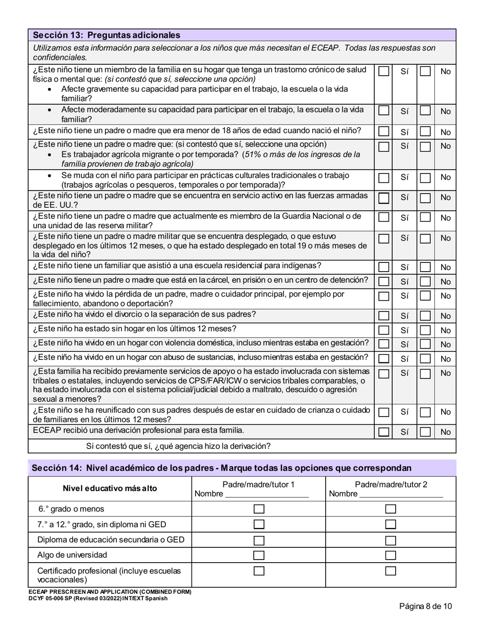 Formulario DCYF05-006 Seleccion Previa Y Solicitud De Eceap (Formulario Combinado) - Washington (Spanish), Page 8