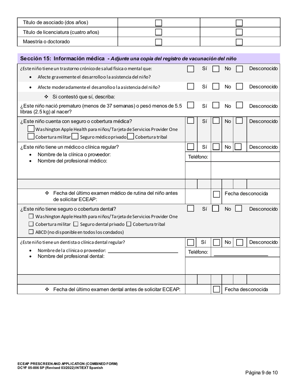 Formulario DCYF05-006 Seleccion Previa Y Solicitud De Eceap (Formulario Combinado) - Washington (Spanish), Page 9