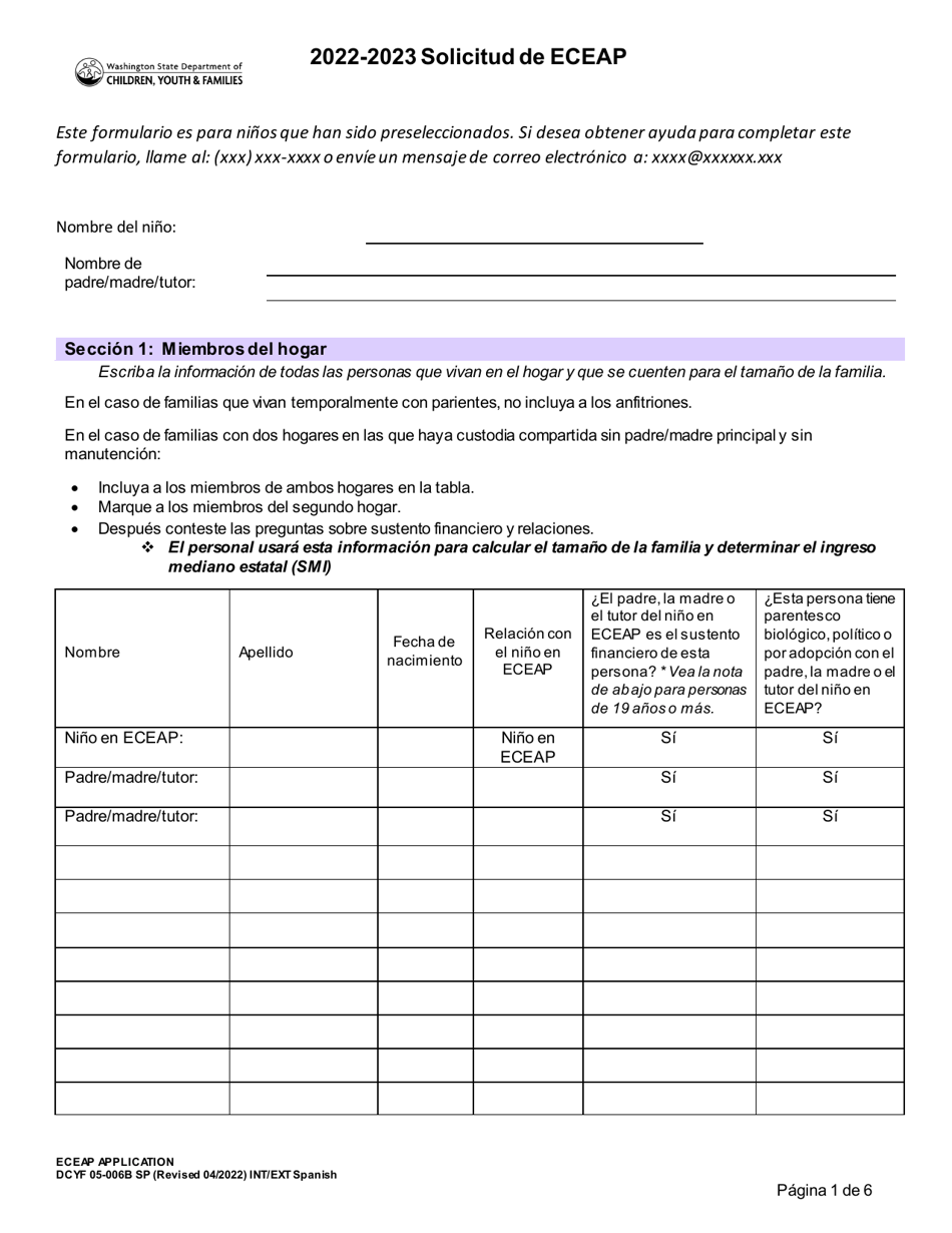 DCYF Form 05-006B Solicitud De Eceap - Washington, Page 1