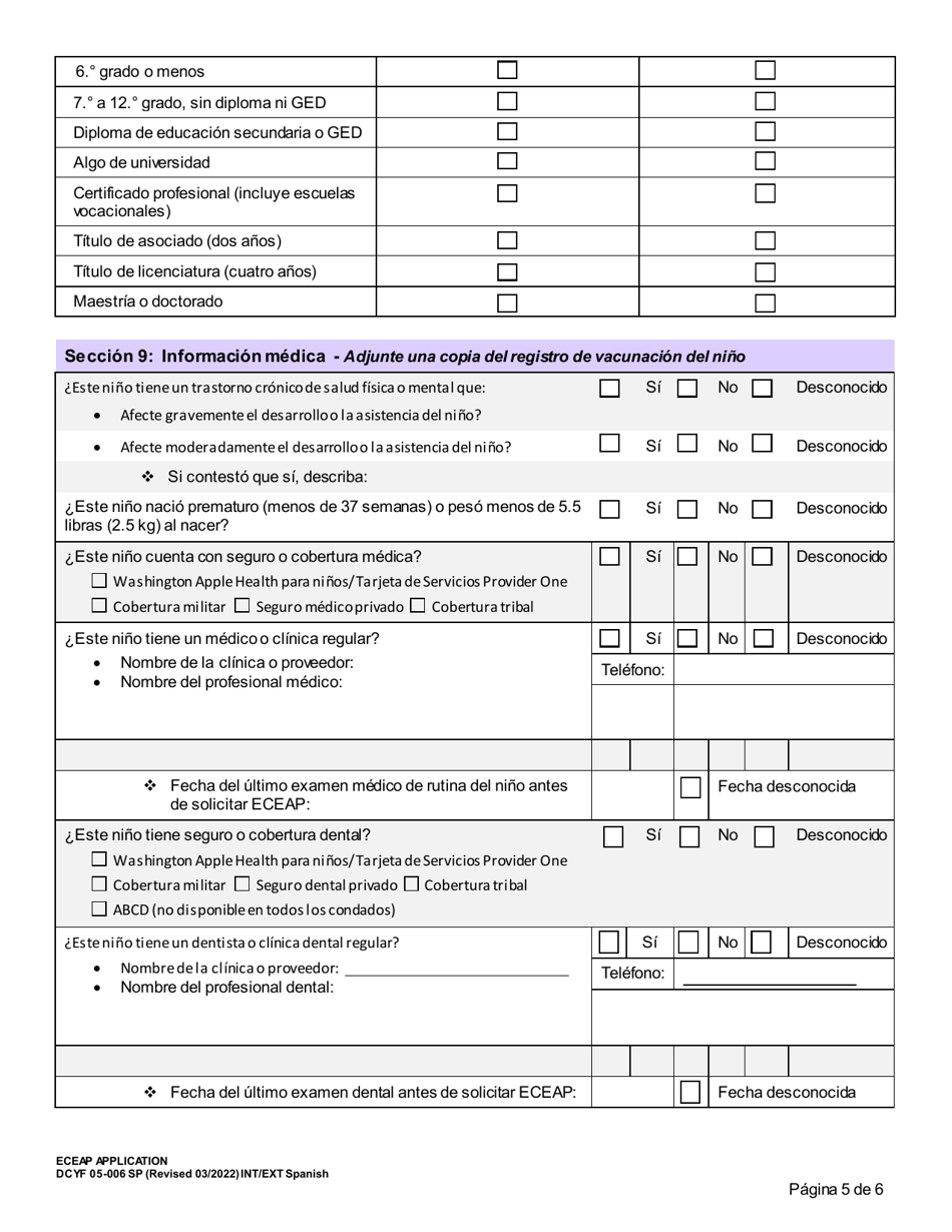 DCYF Form 05-006B Solicitud De Eceap - Washington, Page 5