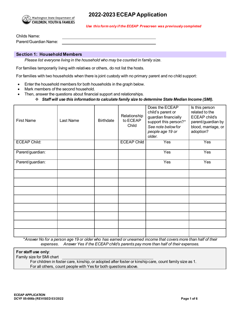 DCYF Form DOC05-006B Eceap Application - Washington, Page 1