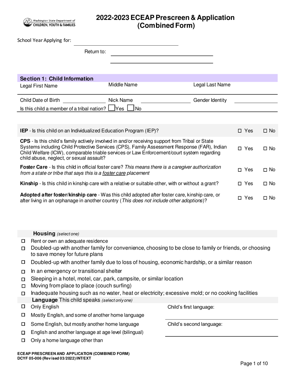 DCYF Form 05-006 Eceap Prescreen  Application (Combined Form) - Washington, Page 1