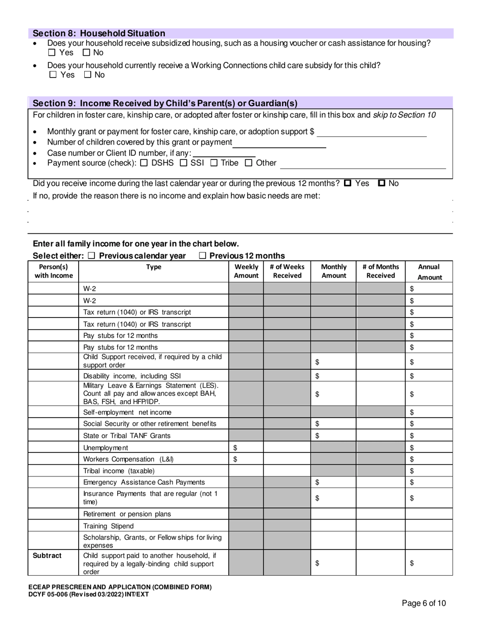 DCYF Form 05-006 Eceap Prescreen  Application (Combined Form) - Washington, Page 6