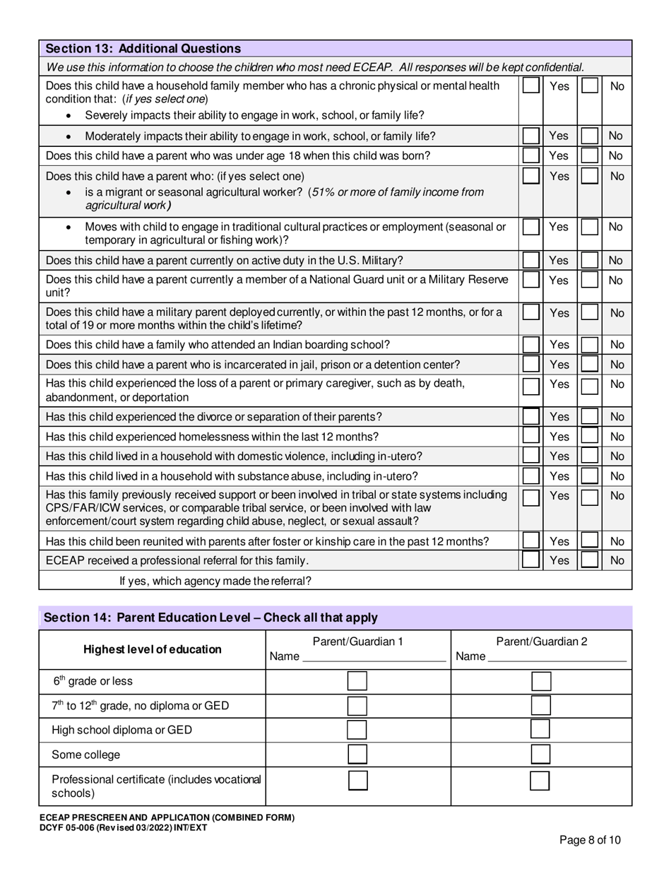 DCYF Form 05-006 Eceap Prescreen  Application (Combined Form) - Washington, Page 8