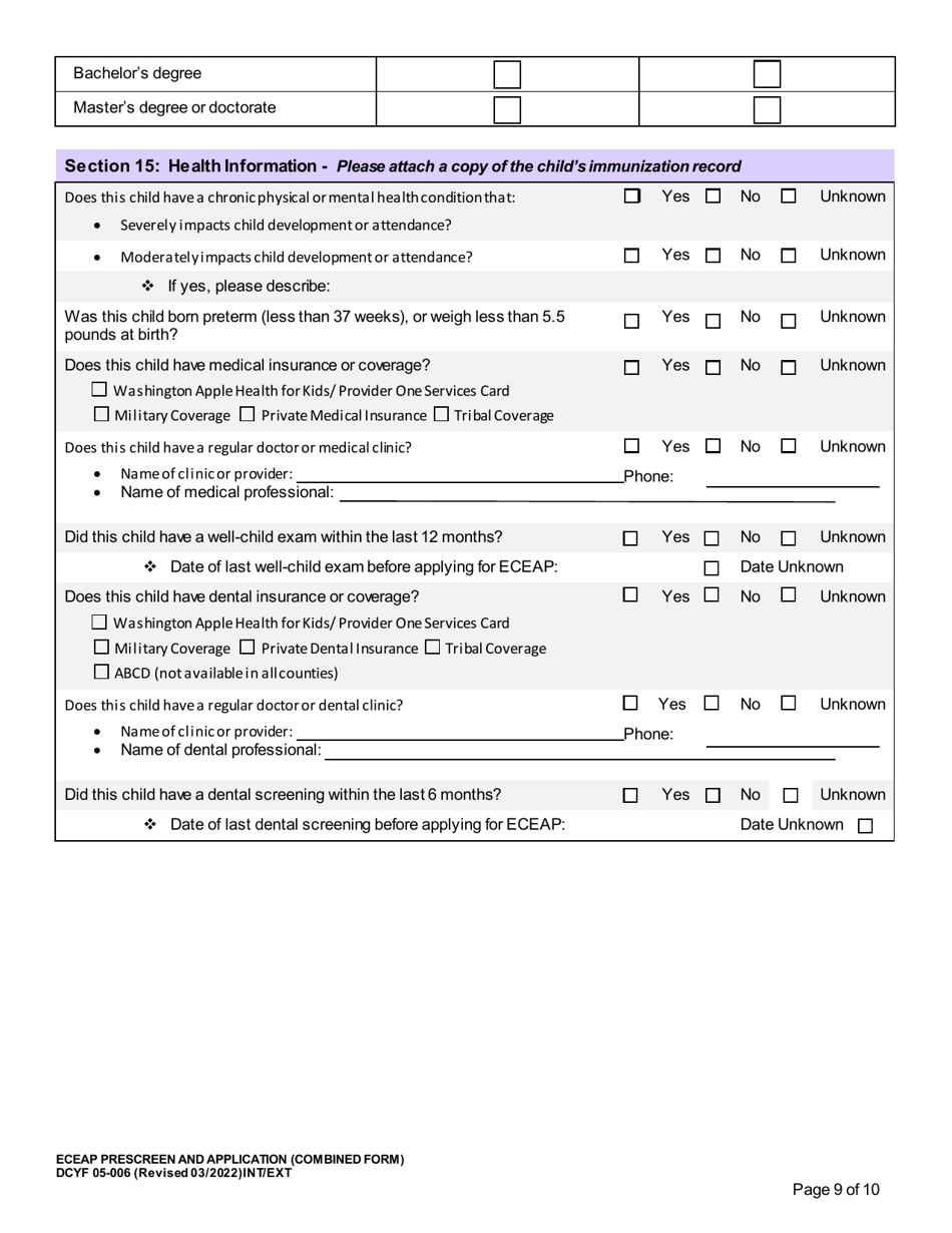 DCYF Form 05-006 Eceap Prescreen  Application (Combined Form) - Washington, Page 9