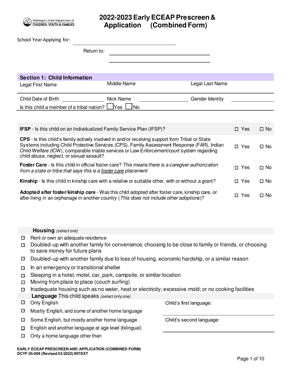DCYF Form 05-008 Early Eceap Prescreen  Application (Combined Form) - Washington, Page 1
