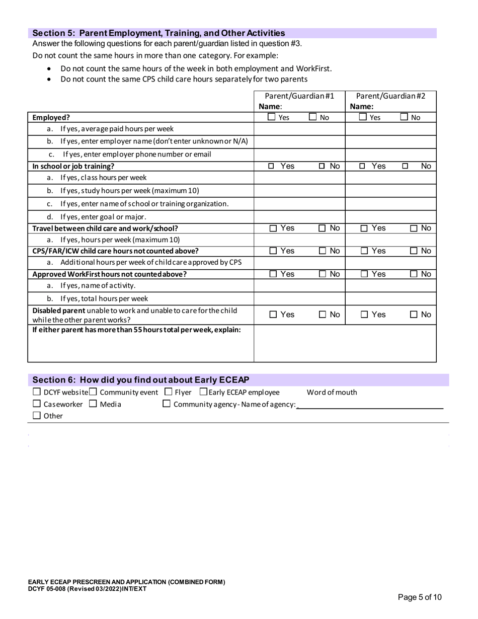 DCYF Form 05-008 Early Eceap Prescreen  Application (Combined Form) - Washington, Page 5