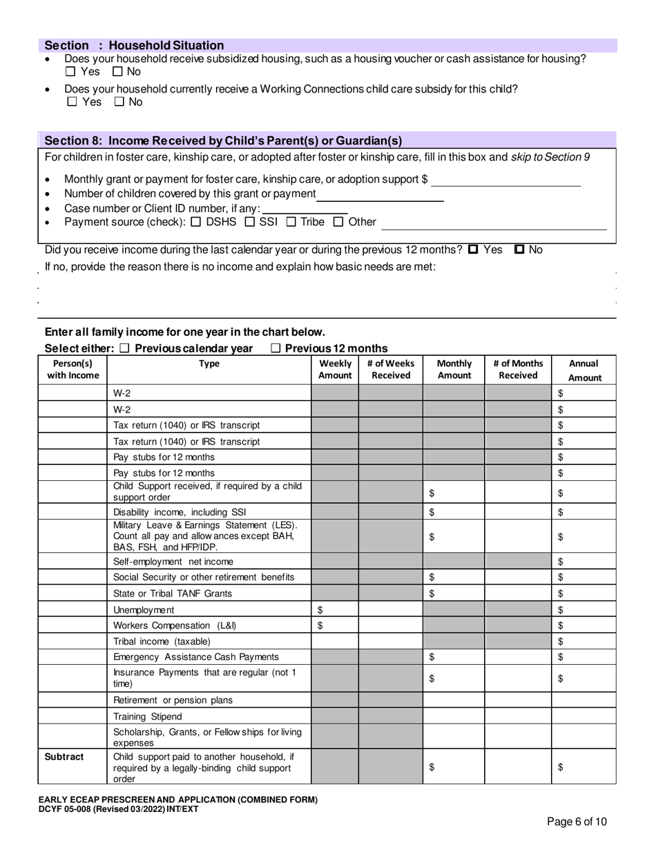 DCYF Form 05-008 Early Eceap Prescreen  Application (Combined Form) - Washington, Page 6