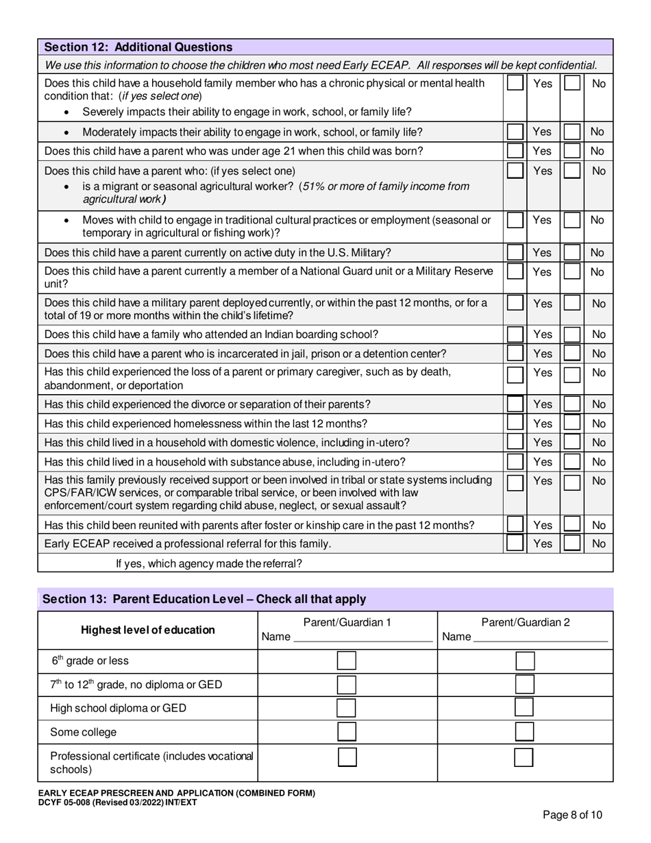 DCYF Form 05-008 Early Eceap Prescreen  Application (Combined Form) - Washington, Page 8