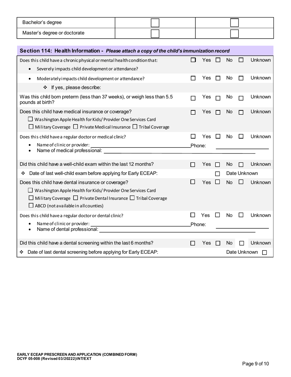 DCYF Form 05-008 Early Eceap Prescreen  Application (Combined Form) - Washington, Page 9