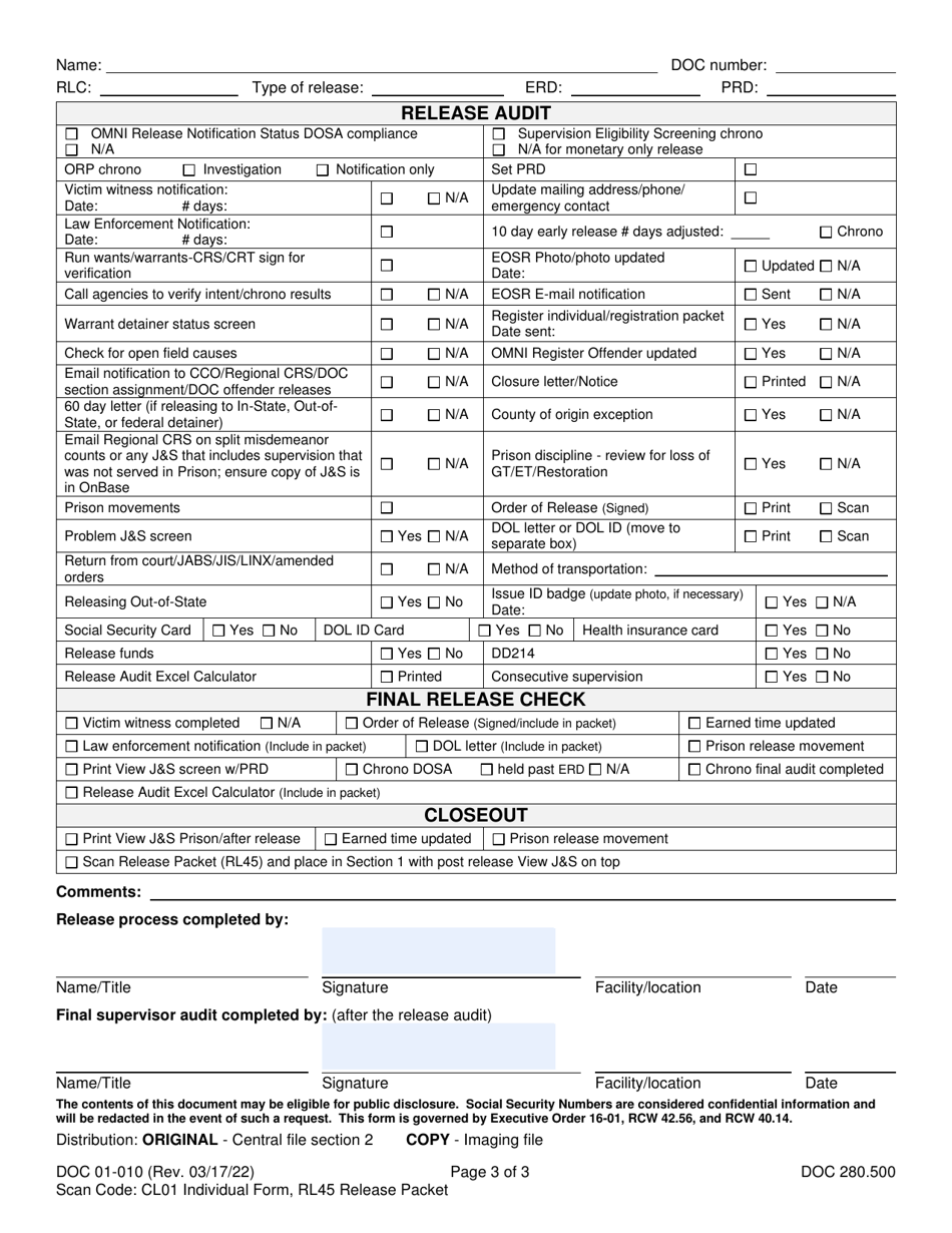 Form DOC01-010 Audit Checklist - Central File - Washington, Page 3