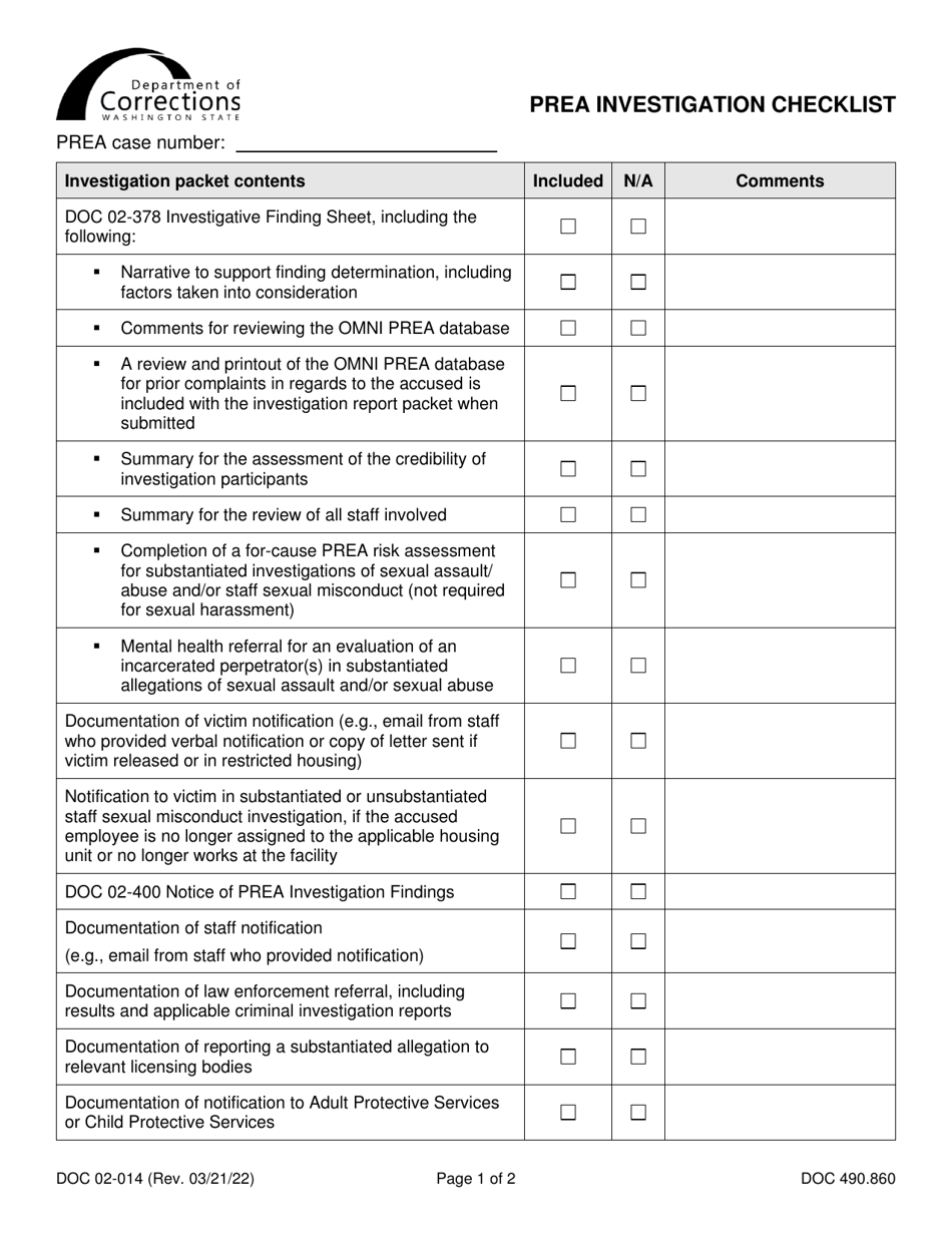 Form DOC02-014 Prea Investigation Checklist - Washington, Page 1
