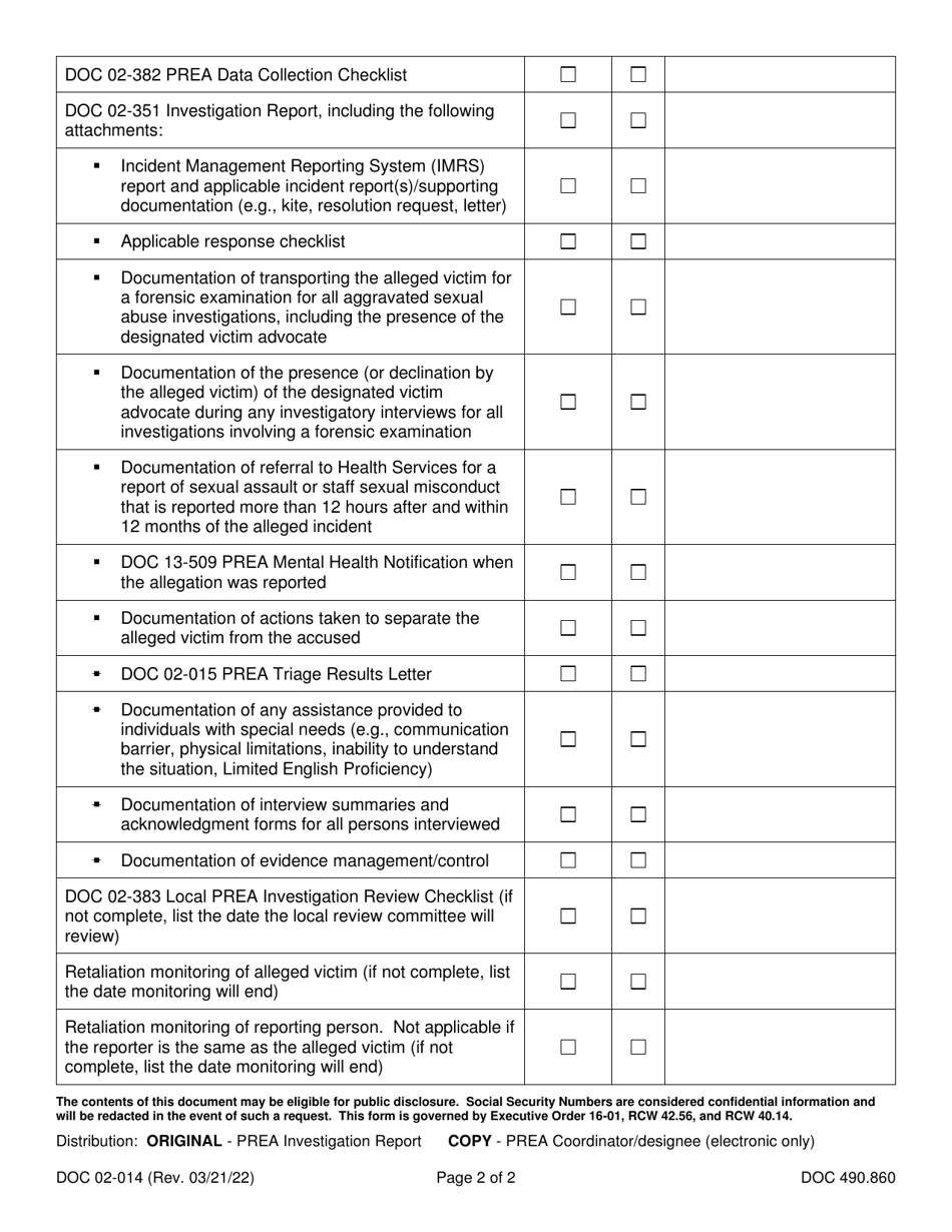 Form DOC02-014 Prea Investigation Checklist - Washington, Page 2