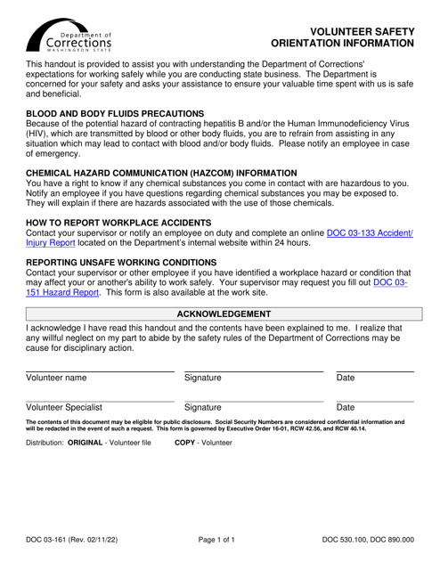Form DOC03-161 Volunteer Safety Orientation Information - Washington