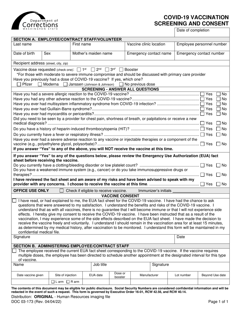 Form DOC03-173 Covid-19 Vaccination Screening and Consent - Washington, Page 1