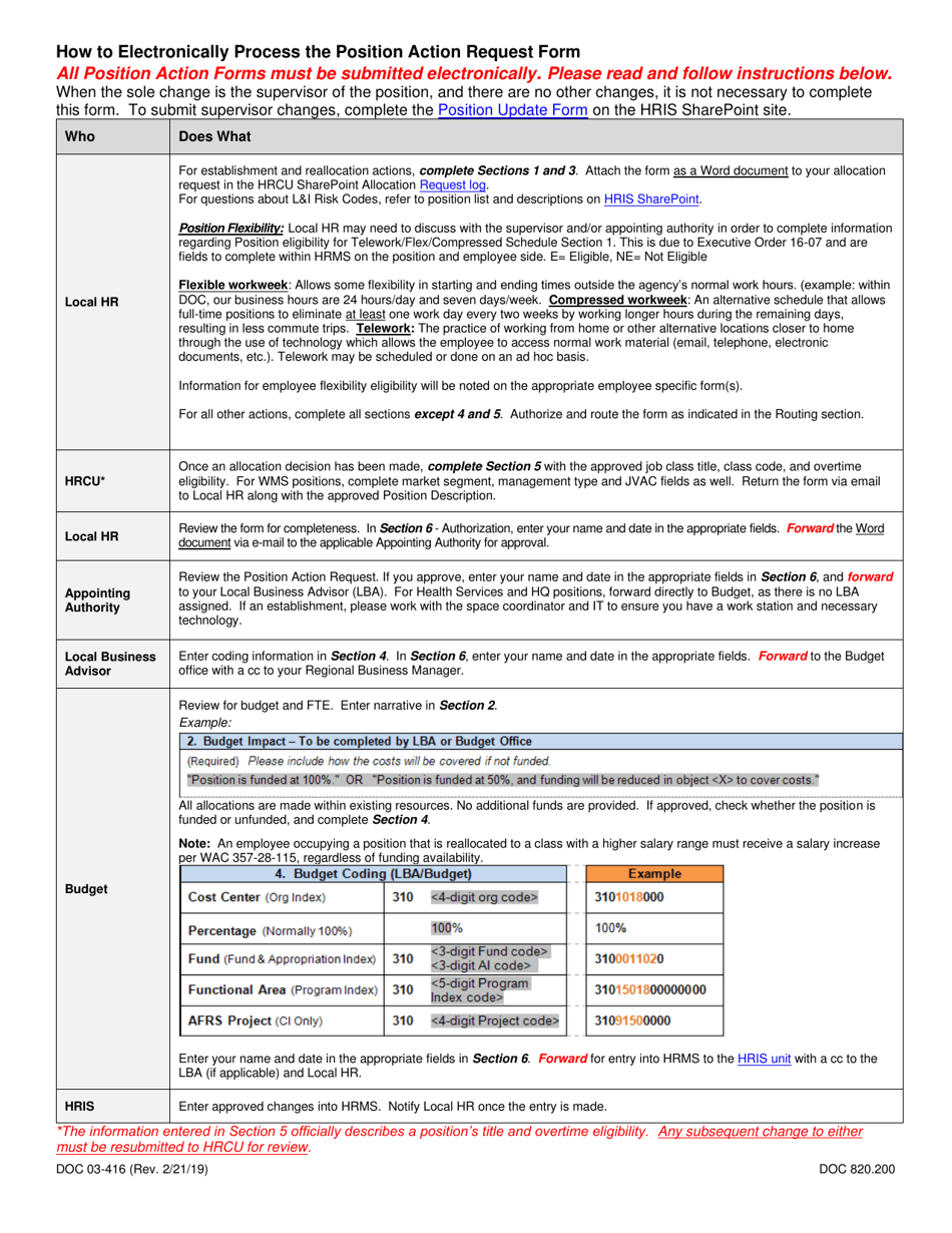 Form DOC03-416 Position Action Request - Washington, Page 2