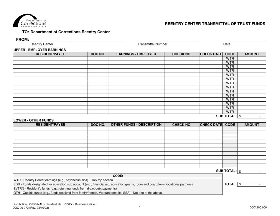 Form DOC06-072 Reentry Center Transmittal of Trust Funds - Washington, Page 1