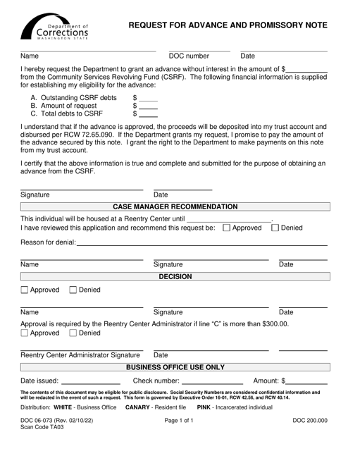 Form DOC06-073 Request for Advance and Promissory Note - Washington