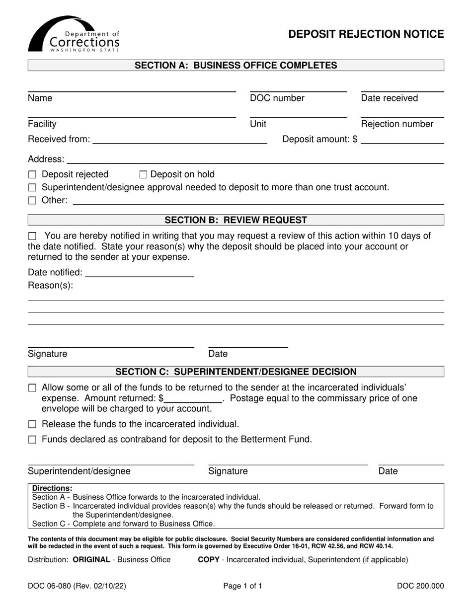 Form DOC06-080 Deposit Rejection Notice - Washington, Page 1