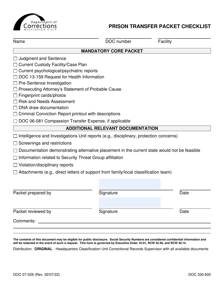 Form DOC07-029 Prison Transfer Packet Checklist - Washington, Page 1