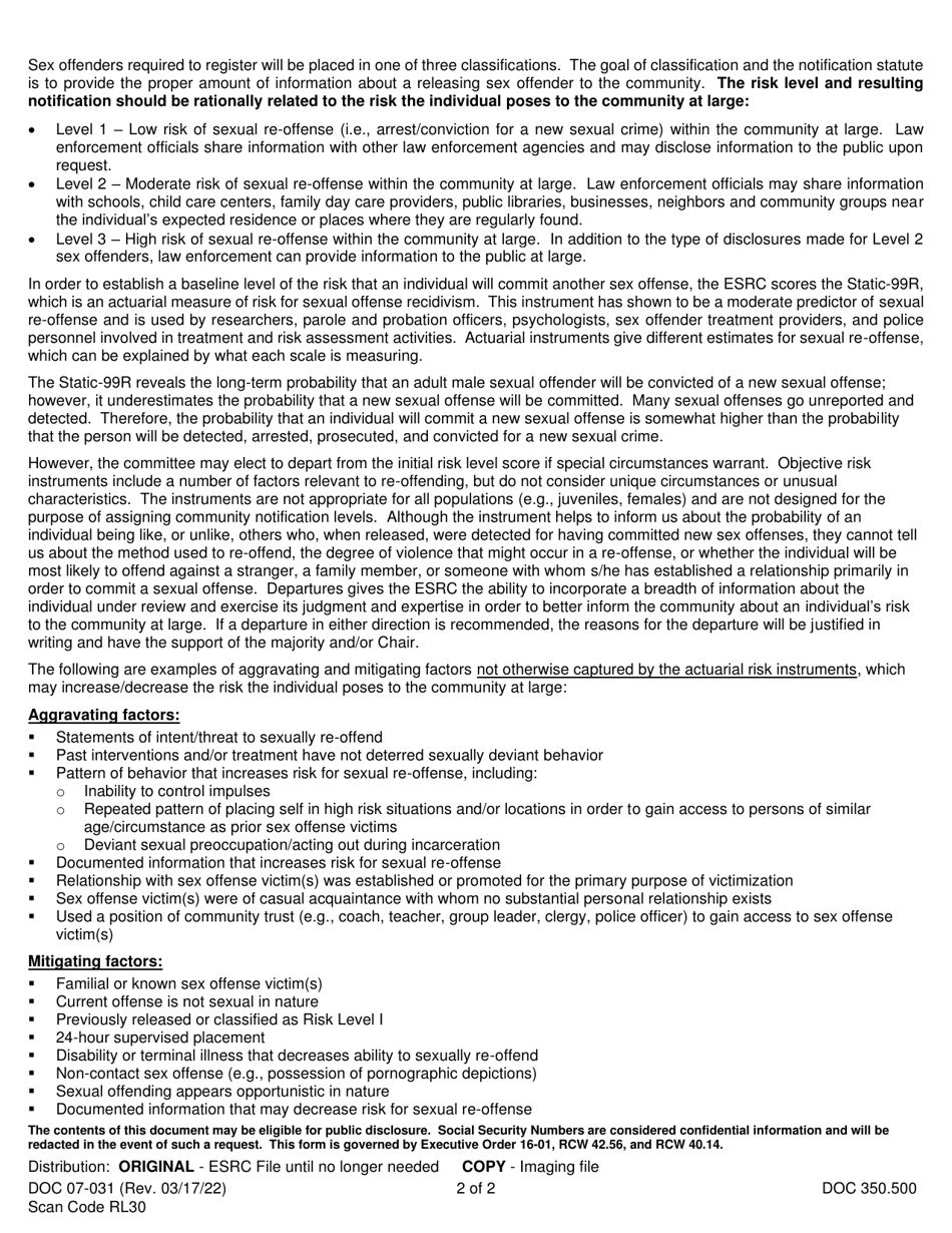 Form DOC07-031 End of Sentence Review Committee Decisions - Washington, Page 2