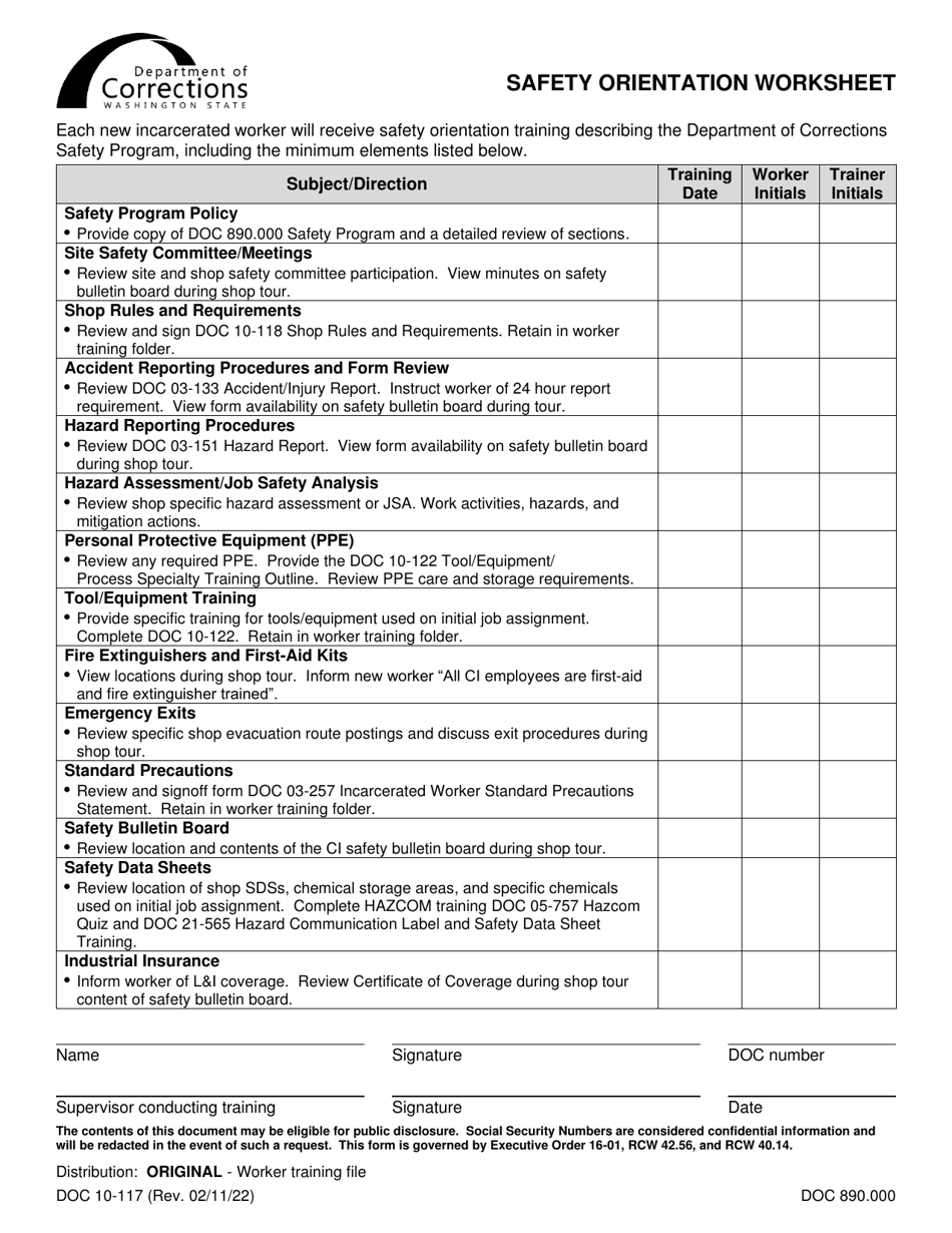 Form DOC10-117 Download Printable PDF or Fill Online Safety Orientation ...