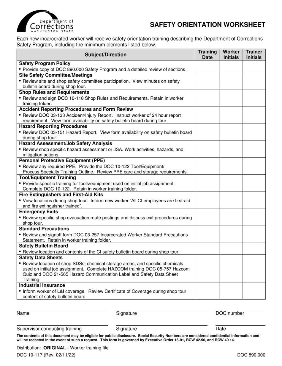 Form DOC10-117 Safety Orientation Worksheet - Washington, Page 1