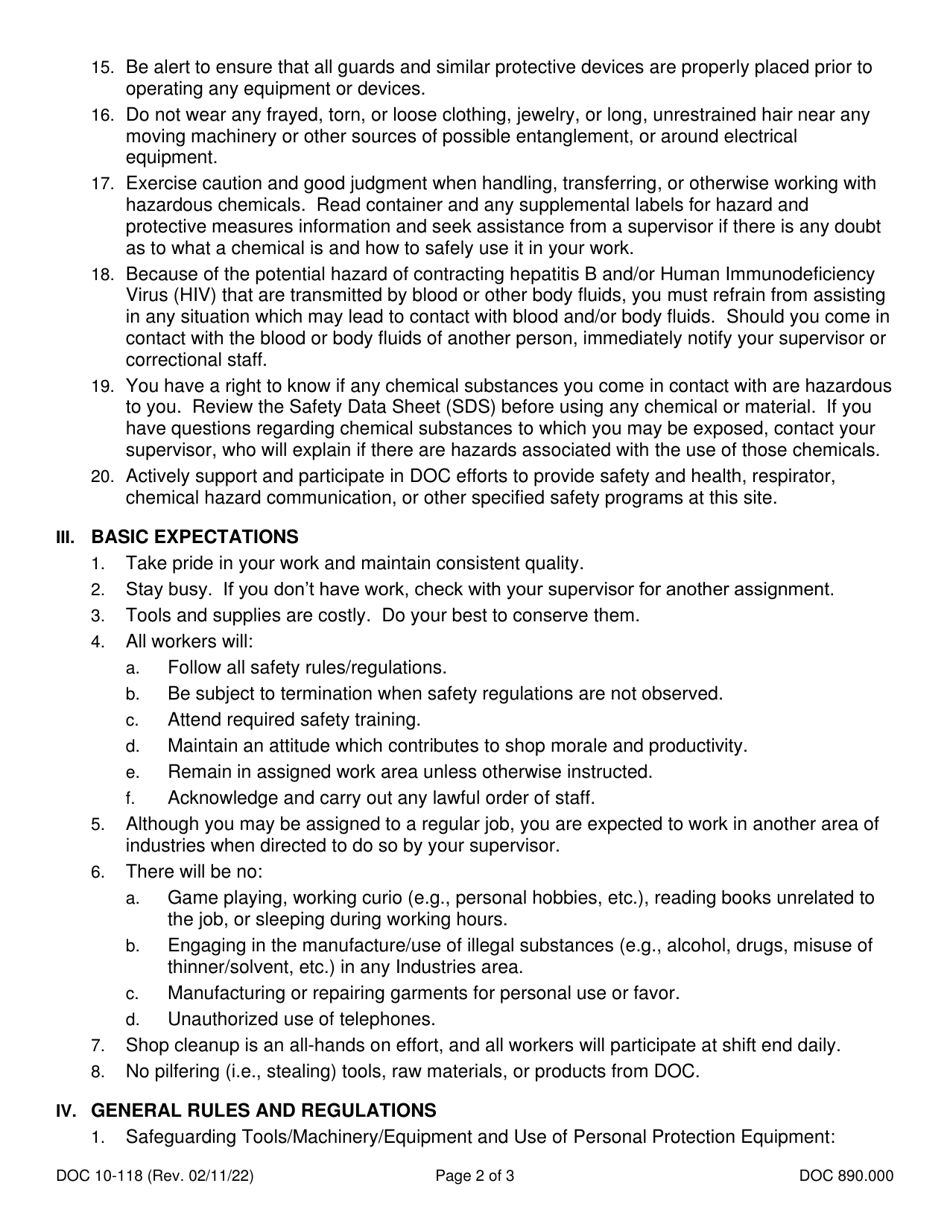 Form DOC10-118 Shop Rules and Requirements - Washington, Page 2