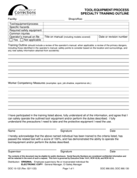 Form DOC10-122 &quot;Tool/Equipment/Process Specialty Training Outline&quot; - Washington