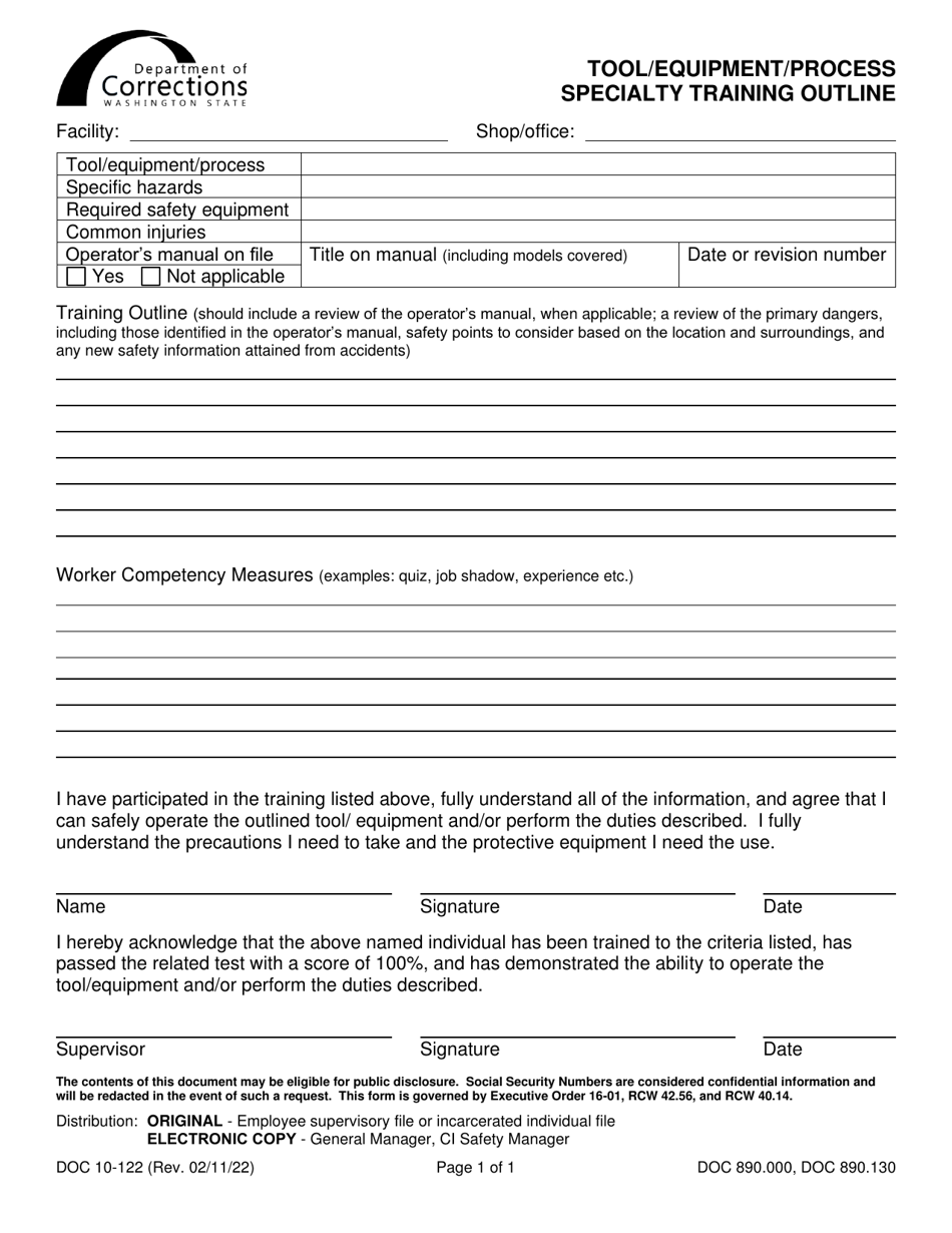 Form DOC10-122 Tool / Equipment / Process Specialty Training Outline - Washington, Page 1