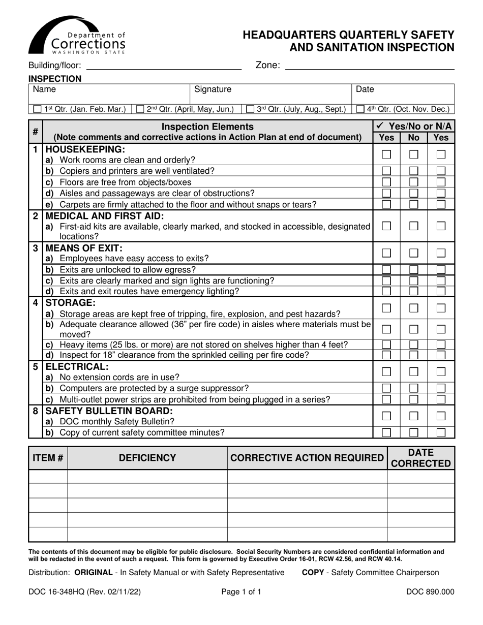 Form DOC16-348HQ Headquarters Quarterly Safety and Sanitation Inspection - Washington, Page 1