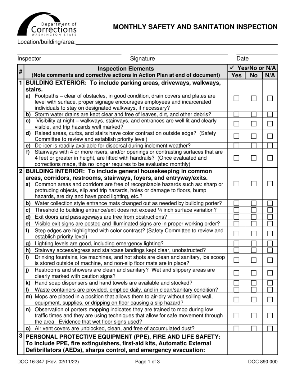 Form DOC16-347 Monthly Safety and Sanitation Inspection - Washington, Page 1