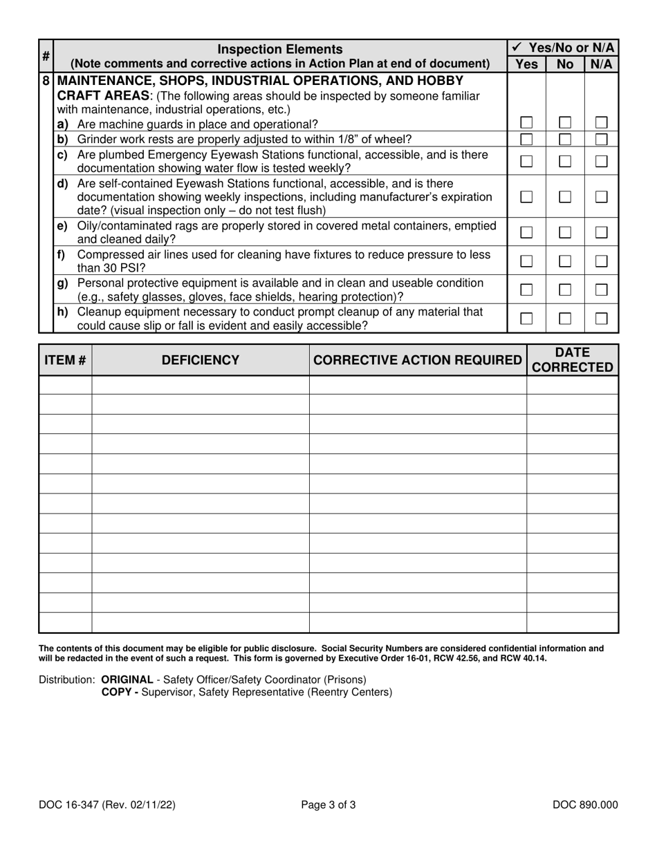 Form DOC16-347 Monthly Safety and Sanitation Inspection - Washington, Page 3