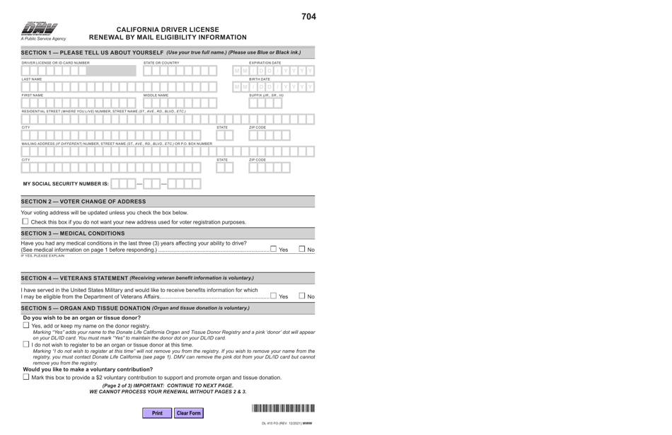 Form DL410 FO California Driver License Renewal by Mail Eligibility Information - California, Page 2